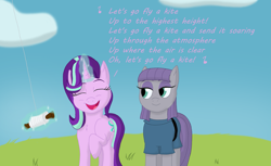 Size: 2349x1437 | Tagged: safe, artist:megaanimationfan, maud pie, starlight glimmer, earth pony, pony, unicorn, rock solid friendship, cute, disney, disney style, eyes closed, female, glimmerbetes, happy, kite flying, let's go fly a kite, lidded eyes, mare, mary poppins, maudabetes, music notes, open mouth, singing, smiling, song reference, that pony sure does love kites, when she smiles
