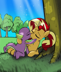 Size: 1500x1787 | Tagged: safe, artist:burning-heart-brony, spike, sunset shimmer, dragon, pony, unicorn, alternate hairstyle, eyes closed, female, grass, kissing, love, male, shipping, sky, straight, sunsetspike, tree