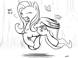 Size: 756x567 | Tagged: safe, artist:nasse, fluttershy, butterfly, pegasus, pony, monochrome, singing, solo