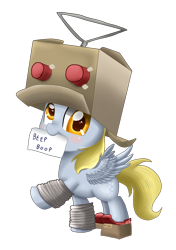 Size: 2763x3918 | Tagged: safe, artist:pridark, derpy hooves, pegasus, pony, robot, box, costume, cute, filly, mouth hold, pridark is trying to murder us, simple background, smiling, soldier, solo, team fortress 2, the tin soldier, transparent background, younger