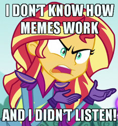 Size: 365x390 | Tagged: safe, edit, edited screencap, screencap, sunset shimmer, equestria girls, friendship games, angry, caption, crossing the memes, exploitable meme, i didn't listen, image macro, meme, solo, sunset is not willing to learn