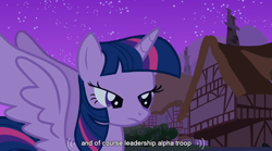 Size: 762x425 | Tagged: safe, derpibooru import, edit, edited screencap, screencap, twilight sparkle, twilight sparkle (alicorn), alicorn, pony, magical mystery cure, bedroom eyes, caption, female, mare, wings, youtube caption