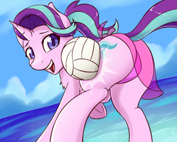 Size: 1280x1024 | Tagged: safe, artist:fearingfun, starlight glimmer, pony, unicorn, adorasexy, ball, beach, bikini, clothes, cute, female, glimmer glutes, glimmerbetes, happy, mare, plot, purple swimsuit, sarong, sexy, smiling, solo, swimsuit, thong swimsuit, volleyball