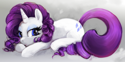 Size: 1636x811 | Tagged: safe, artist:r0b0tassassin, rarity, pony, unicorn, looking at you, looking back, looking back at you, mane, prone, solo, sparkly eyes