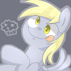 Size: 1500x1500 | Tagged: safe, artist:sion, derpy hooves, pegasus, pony, female, mare, muffin, pixiv, solo, tongue out