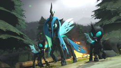 Size: 3840x2160 | Tagged: safe, artist:alicorntwilysparkle, queen chrysalis, changeling, changeling queen, 3d, camping, female, forest