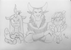 Size: 1024x729 | Tagged: safe, artist:mayorlight, cozy glow, lord tirek, queen chrysalis, twilog, centaur, changeling, changeling queen, pegasus, pony, frenemies (episode), crossed arms, female, filly, grayscale, log, looking at you, male, monochrome, nose piercing, nose ring, pencil drawing, piercing, traditional art, trio, unamused