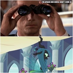 Size: 1000x1000 | Tagged: safe, edit, edited screencap, screencap, queen chrysalis, changeling, changeling queen, horse, a canterlot wedding, beverly hills cop, beverly hills cop 2, caption, derby, female, horse race, image macro, man, maxwell dent, text, track