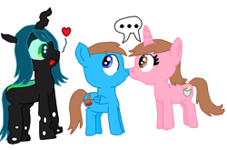 Size: 968x640 | Tagged: safe, artist:nightshadowmlp, queen chrysalis, oc, oc:donna, oc:steve k, changeling, changeling queen, pegasus, pony, unicorn, ..., female, heart, kissing, male, mare, stallion, straight