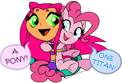 Size: 2150x1469 | Tagged: safe, artist:ravenevert, pinkie pie, earth pony, pony, clothes, crossover, dialogue, midriff, simple background, skirt, starfire, teen titans, teen titans go, white background