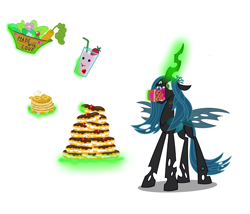 Size: 1400x1200 | Tagged: safe, artist:seahawk270, edit, queen chrysalis, changeling, changeling queen, cake, carrot, eating, eclair, female, food, hungry, juice, love, pancakes, solo, strawberry, vector
