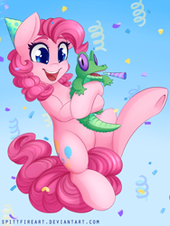 Size: 1200x1600 | Tagged: safe, artist:spittfireart, gummy, pinkie pie, earth pony, pony, cute, diapinkes, hat, party hat, streamers