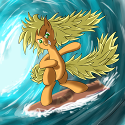 Size: 1300x1300 | Tagged: safe, artist:ziemniax, applejack, earth pony, pony, blonde mane, female, mare, orange coat, solo, surfing