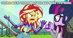 Size: 2088x1075 | Tagged: safe, screencap, sci-twi, sunset shimmer, twilight sparkle, equestria girls, friendship games, pimp hand, text