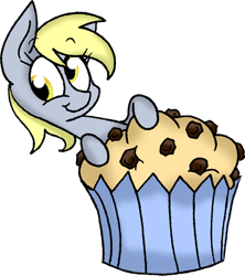 Size: 842x949 | Tagged: safe, artist:strangiesleepy, derpy hooves, pegasus, pony, female, giant muffin, happy, mare, muffin, solo