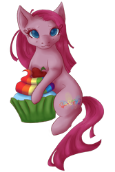 Size: 600x900 | Tagged: safe, artist:noa-la, pinkie pie, earth pony, pony, apple, cupcake, pinkamena diane pie, rainbow cupcake, sitting, solo