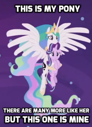 Size: 447x614 | Tagged: safe, edit, edited screencap, screencap, princess celestia, starlight glimmer, alicorn, pony, unicorn, a royal problem, caption, cropped, cute, cutelestia, female, glimmerbetes, holding a pony, mare, meme, rifleman's creed, spread wings, starlestia, swapped cutie marks, wings