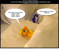 Size: 1024x846 | Tagged: safe, artist:kturtle, applejack, rarity, earth pony, pony, unicorn, look before you sleep, bed, brushable, comic, dialogue, irl, lying down, my favorite scenes, photo, pillow, toy