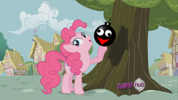 Size: 1024x576 | Tagged: safe, edit, edited screencap, screencap, pinkie pie, earth pony, pony, it's about time, ball emergency, solo, the demented cartoon movie, zeeky boogy doog, zeeky h. bomb