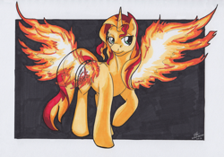 Size: 3173x2226 | Tagged: safe, artist:stormblaze-pegasus, sunset shimmer, pony, unicorn, equestria girls, 2016, buck, buck2016, fiery shimmer, fire, for sale, raised hoof, signature, solo, sunset phoenix, wings