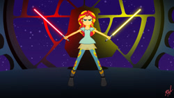 Size: 1024x576 | Tagged: safe, artist:viktor-tyt, sunset shimmer, equestria girls, lightsaber, star wars, weapon