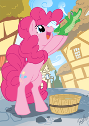 Size: 496x702 | Tagged: safe, artist:dawnallies, gummy, pinkie pie, earth pony, pony, cute, diapinkes, open mouth, pet, ponyville, tub