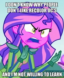 Size: 450x552 | Tagged: safe, edit, screencap, sunset shimmer, equestria girls, friendship games, angry, exploitable meme, image macro, meme, recolor, solo, sunset is not willing to learn