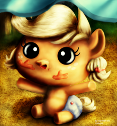 Size: 960x1032 | Tagged: safe, artist:normalcolt, applejack, earth pony, pony, baby, babyjack, creepy, diaper, no mouth, solo, uncanny valley