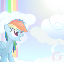 Size: 2118x2059 | Tagged: safe, artist:comfydove, derpibooru import, rainbow dash, pegasus, pony, cloud, cloudsdale, cute, female, grin, happy, looking up, mare, outdoors, rainbow waterfall, signature, sky, smiling, solo, standing, sunlight