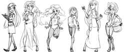 Size: 3800x1600 | Tagged: safe, artist:thelivingmachine02, derpibooru import, applejack, fluttershy, pinkie pie, rainbow dash, rarity, twilight sparkle, human, basket, boots, clothes, doodle, dress, flower, flower in hair, grayscale, humanized, line-up, long skirt, mane six, monochrome, shoes, simple background, skirt, white background