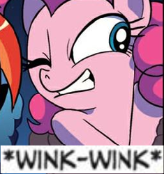 Size: 253x269 | Tagged: safe, idw, pinkie pie, earth pony, pony, expand dong, exploitable meme, meme, wink