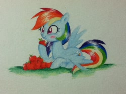 Size: 960x720 | Tagged: safe, artist:darkynez, derpibooru import, rainbow dash, pegasus, pony, apple, eating, female, food, mare, prone, solo, traditional art