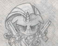 Size: 800x627 | Tagged: safe, artist:hewison, rarity, pony, unicorn, dual wield, grayscale, gun, magic, monochrome, solo, weapon