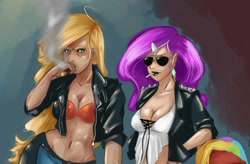 Size: 860x564 | Tagged: safe, artist:sundown, applejack, rarity, belly button, cigar, cigarette, horned humanization, humanized, midriff, smoking, valuer