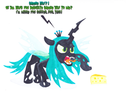 Size: 3504x2538 | Tagged: safe, alternate version, artist:malte279, queen chrysalis, changeling, changeling queen, angry, cheese, comic, exclamation point, female, food, interrobang, marker, marker drawing, markers, question mark, traditional art