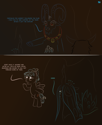 Size: 985x1200 | Tagged: safe, artist:quint-t-w, cozy glow, grogar, lord tirek, queen chrysalis, changeling, changeling queen, pegasus, pony, comic, dialogue, female, gradient background, insult, legion of doom