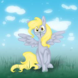 Size: 1600x1600 | Tagged: safe, artist:alouncara, derpy hooves, dragonfly, pegasus, pony, female, field, mare, solo