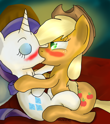 Size: 1104x1246 | Tagged: safe, artist:xcuteikinz, applejack, rarity, earth pony, pony, unicorn, blushing, female, kissing, lesbian, rarijack, shipping