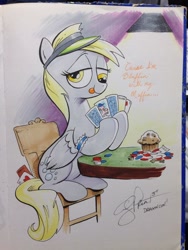 Size: 768x1024 | Tagged: safe, artist:andypriceart, derpy hooves, pegasus, pony, card, chair, female, lady gaga, magic the gathering, mare, muffin, poker, poker face (song), solo, song reference, tongue out, traditional art