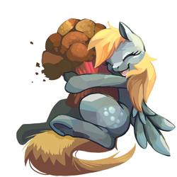 Size: 700x700 | Tagged: safe, artist:idrawweeklypony, derpy hooves, pegasus, pony, female, food, giant muffin, happy, mare, muffin, size difference, solo