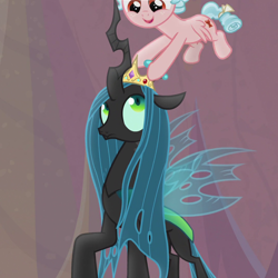 Size: 1080x1080 | Tagged: safe, screencap, cozy glow, queen chrysalis, changeling, changeling queen, pegasus, pony, frenemies (episode), better way to be bad, cropped, crown, duo, female, filly, foal, jewelry, looking up, regalia