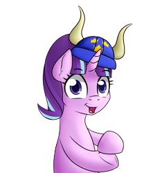 Size: 1500x1600 | Tagged: safe, artist:10art1, edit, starlight glimmer, pony, unicorn, clapping, colored pupils, ear fluff, female, hat, helmet, horned helmet, looking at you, mare, open mouth, simple background, solo, starlight says bravo, transparent background, viking helmet