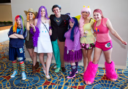 Size: 2000x1396 | Tagged: artist needed, safe, derpibooru import, applejack, discord, fluttershy, pinkie pie, rainbow dash, rarity, twilight sparkle, human, 2012, convention, cosplay, feather boa, irl, irl human, leg warmers, mane six, momocon, momocon 2012, photo