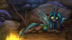 Size: 4600x2594 | Tagged: safe, artist:setharu, queen chrysalis, changeling, changeling queen, pony, frenemies (episode), campfire, cute, cutealis, draw me like one of your french girls, female, fire, forest, mare, sideways glance, snow, solo, squishy cheeks, wallpaper