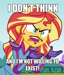 Size: 810x940 | Tagged: safe, edit, edited screencap, screencap, sunset shimmer, equestria girls, friendship games, caption, exploitable meme, image macro, meme, rené descartes, solo, sunset is not willing to learn