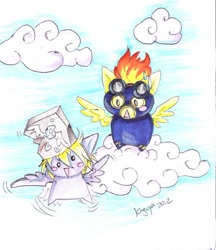 Size: 480x555 | Tagged: safe, artist:yamatanokaguya, derpy hooves, spitfire, pegasus, pony, cloud, cloudy, female, mare, traditional art, wonderbolts uniform