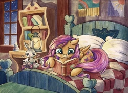 Size: 800x582 | Tagged: safe, artist:the-wizard-of-art, angel bunny, fluttershy, pegasus, pony, bed, book, crying, lantern, painting, reading, redwall, tissue, tissue box, traditional art, watercolor painting