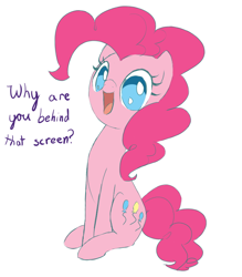 Size: 686x782 | Tagged: safe, artist:celerypony, pinkie pie, earth pony, pony, breaking the fourth wall, cute, dialogue, diapinkes, fourth wall, happy, no pupils, open mouth, simple background, solo, white background