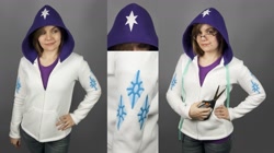 Size: 1545x864 | Tagged: safe, artist:shoriameshiko, rarity, human, clothes, cutie mark, hoodie, irl, irl human, photo, scissors