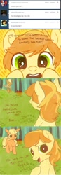 Size: 500x1440 | Tagged: safe, artist:nyonhyon, applejack, braeburn, earth pony, pony, colt, comic, cute, filly, floppy ears, looking at you, open mouth, raised hoof, smiling, tumblr